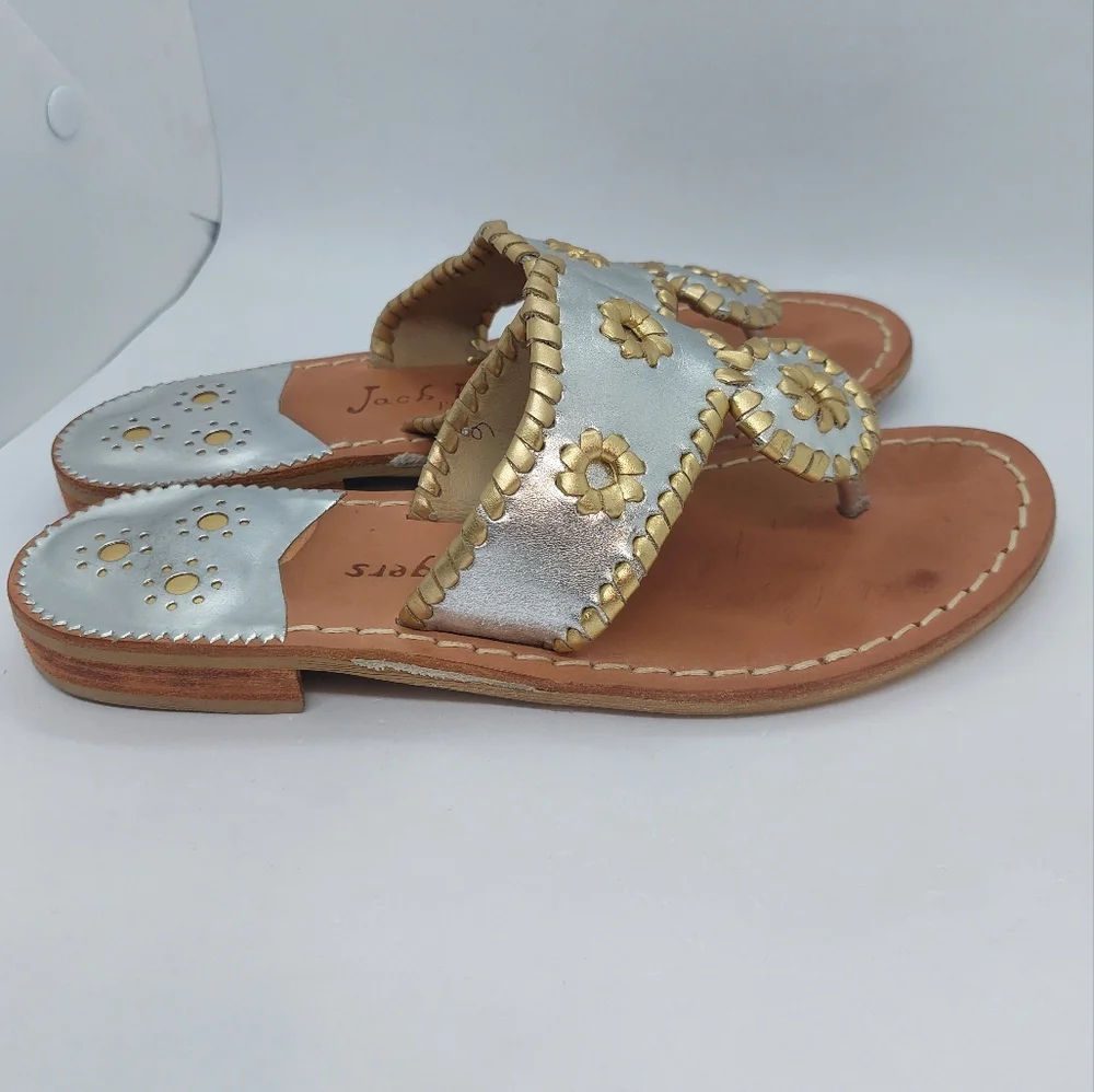Jack Rogers Women's Sandals Silver Gold Leather Flat Thong Shoes Size 6 Boho